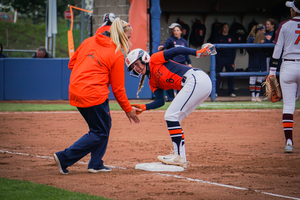 Sophomore second baseman Alicia Hansen leads Syracuse's expressive celebrations on the bases and in the field. 